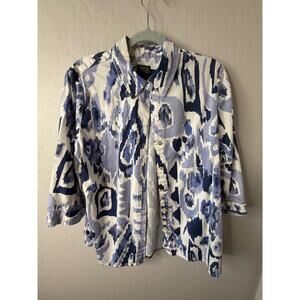 Chico's Button‎ Up Shirt Womens Size 2 (L) Blue White Abstract Artsy